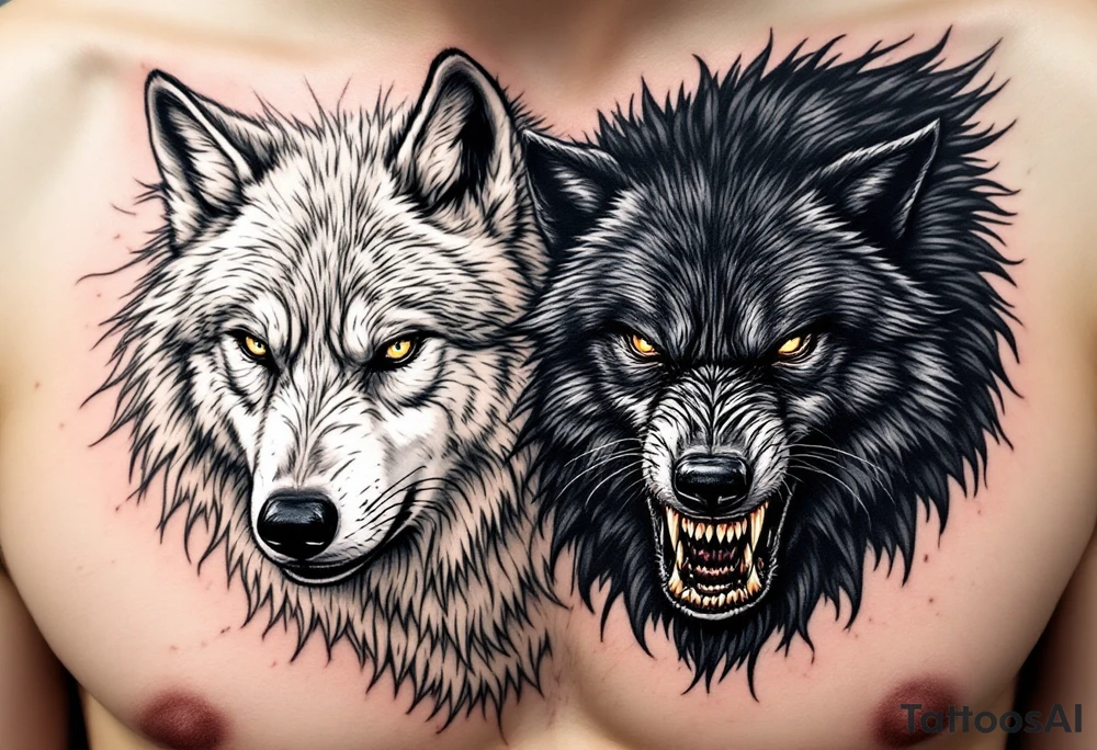 Strong white wolf next to a weak angry black wolf tattoo idea