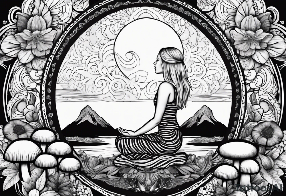 Straight blonde hair girl meditating facing away toward mountains surrounded by mushrooms crescent moon mandala circular design black and white striped dress tattoo idea