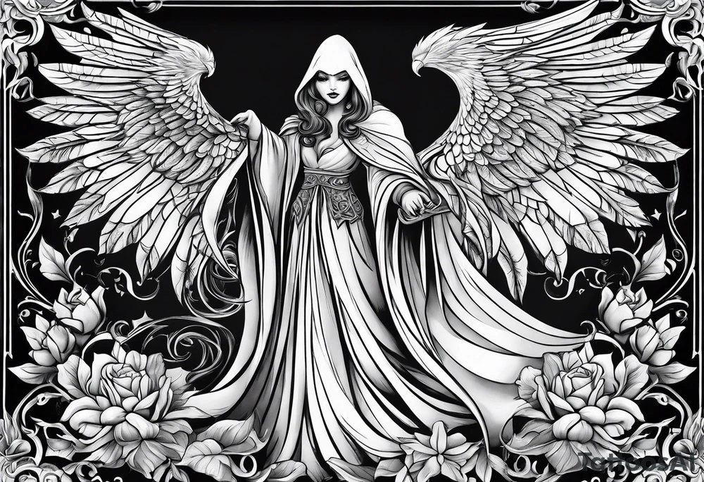 Shadow cloak protecting beautiful dagger tattoo idea