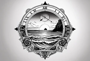 A balck tattoo for my shoulder with time and a date for my so 25.05.16 and a wave of beach about life tattoo idea