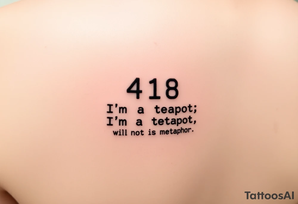 "Minimalist black tattoo of a server error message:  
'418: I’m a Teapot' in pixelated font.  
Below: tiny 'This is not a metaphor' in Comic Sans.  

Style: Glitch art. Placement: Inner arm. No colors." tattoo idea