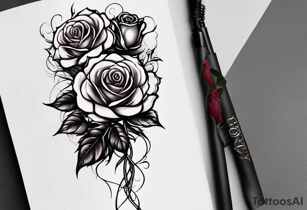 this is a long vertical tattoo for my whole shin. two roses with their stems intertwined, one rose should have thorns and only one main rose, the second rose should be thornless but have multiple flowers on it. I want a long stem to shower them intertwined tattoo idea