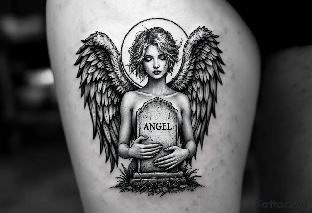 Angel with short hair holding headstone infront of her with large wings tattoo idea