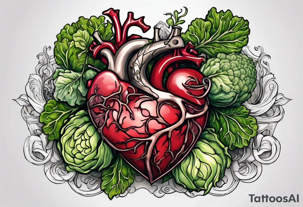 Human heart intertwined with cabbage leaved tattoo idea