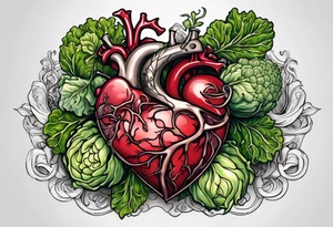 Human heart intertwined with cabbage leaved tattoo idea