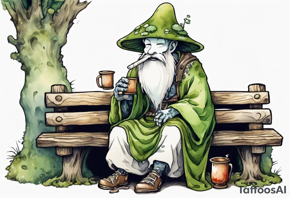a kodama wearing a mushroom hat and a mossy beard and a medieval tunic drinking from a wood cup, sitting on a bench smiling tattoo idea