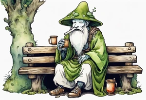 a kodama wearing a mushroom hat and a mossy beard and a medieval tunic drinking from a wood cup, sitting on a bench smiling tattoo idea