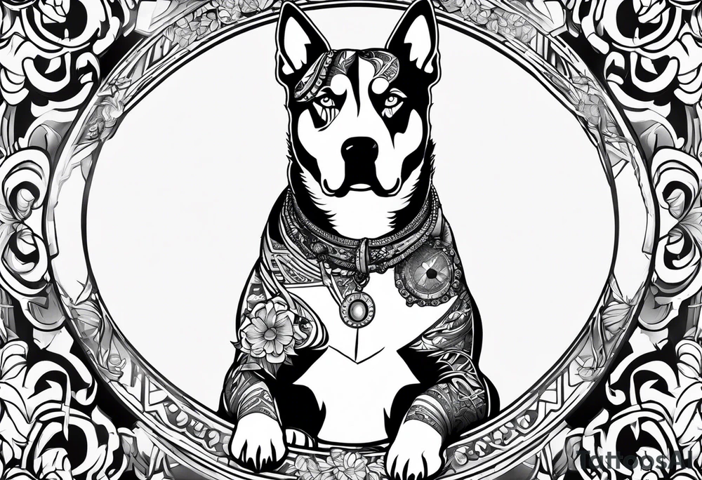 husky and pitbull facing backwards tattoo idea