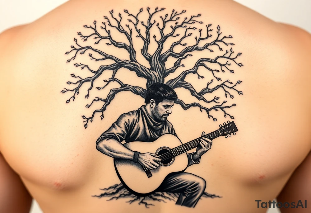 Man playing acoustic guitar underneath tree of life concept style tattoo idea