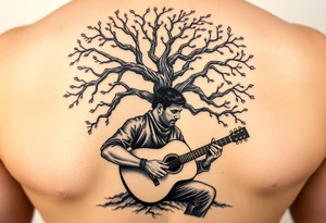 Man playing acoustic guitar underneath tree of life concept style tattoo idea