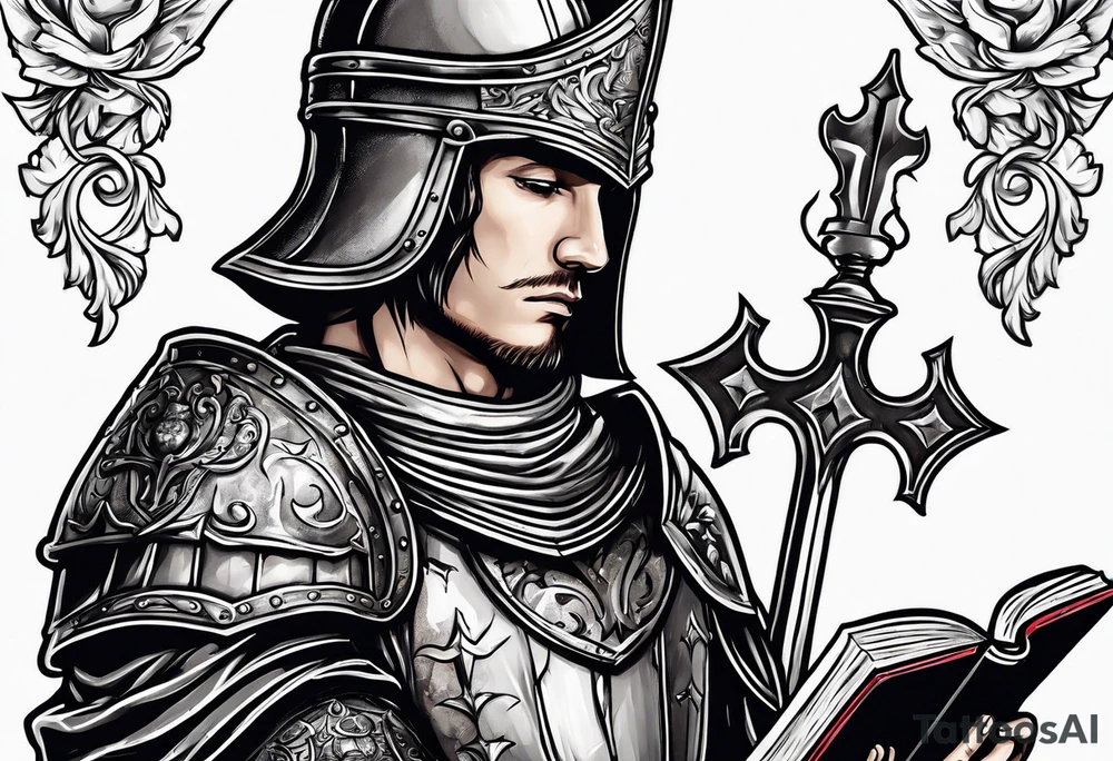 knight holding a bible over his head tattoo idea