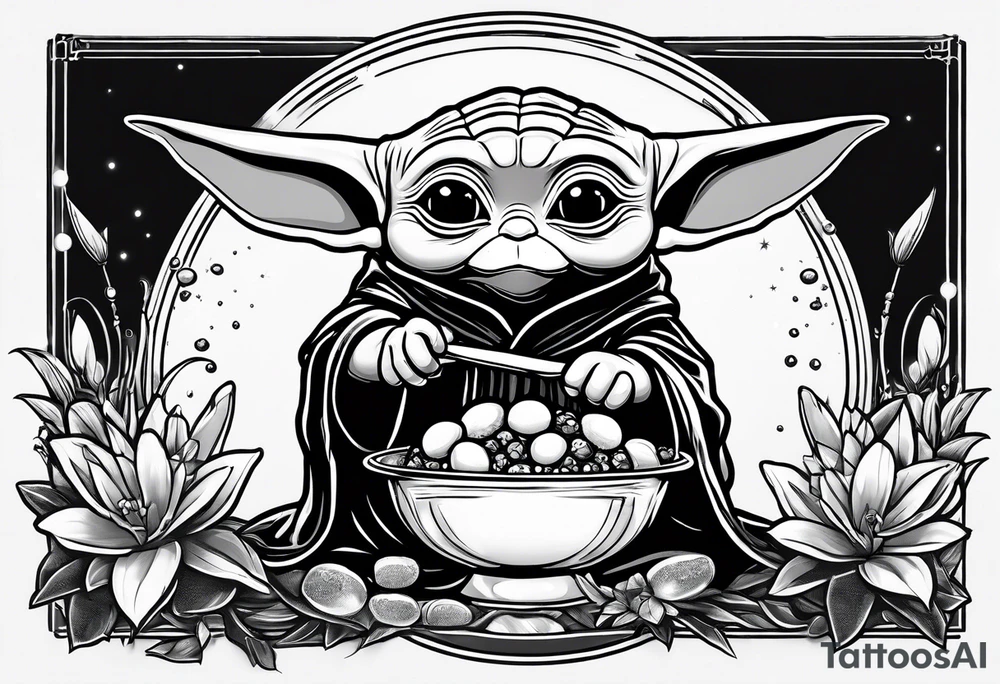 Baby yoda eating frog eggs tattoo idea