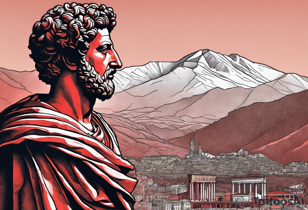 A statue of Marcus Aurelius looking toward the observer in a 25 degree angle. The bottom left part of the statue is broken. The Background are mountains in a red hue. tattoo idea