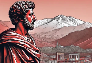 A statue of Marcus Aurelius looking toward the observer in a 25 degree angle. The bottom left part of the statue is broken. The Background are mountains in a red hue. tattoo idea