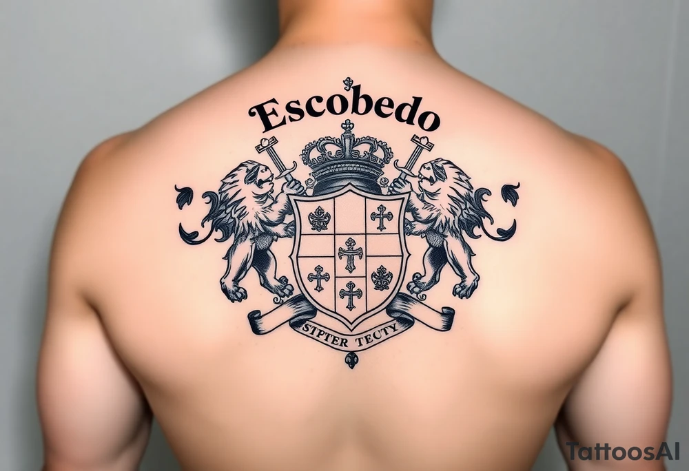 "A detailed family crest or coat of arms with intricate elements like lions, shields, scrolls, and swords, designed in a traditional and bold style. The crest is centered just below the name 'Escobedo' written across the shoulders, creating a regal and powerful visual balance." tattoo idea