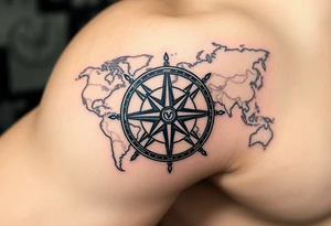 antique compass rose overlaid on weathered world map with sailing ships tattoo idea