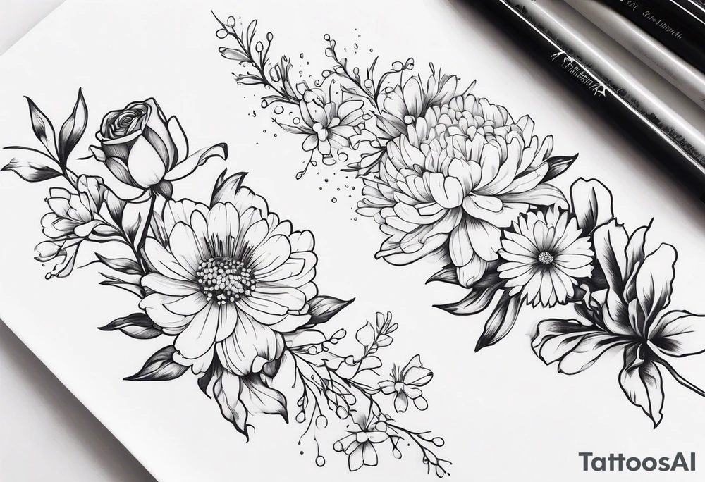 Asters, roses, lily of the valley, and chrysanthemums in a long line tattoo idea
