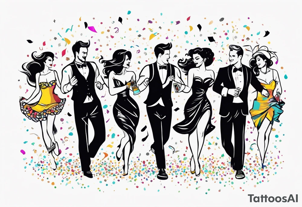 vintage beach dance party with music and confetti, tropical drinks tattoo idea