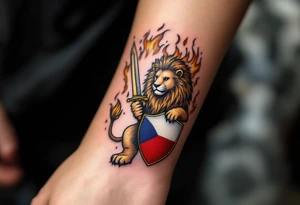 A Czech lion holding a golden sword in one paw and a shield with the national emblem in the other, surrounded by medieval-style flames. tattoo idea