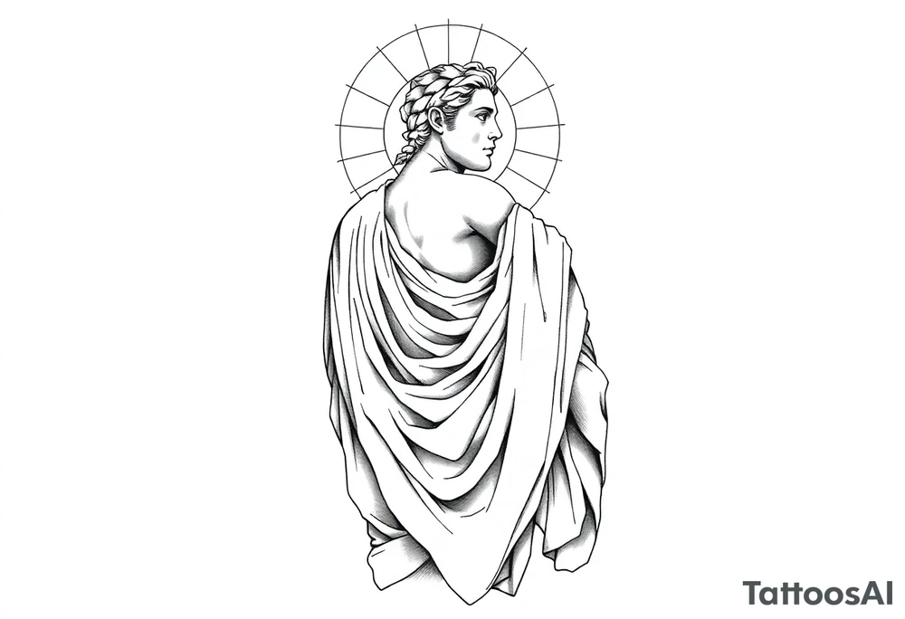 Tattoo design, vertical full sleeve composition, black and grey fine line linework style. Full figure of Apollo, Greek god of light, depicted in classical marble statue style, wearing flowing ancient drapery cloth. Calm powerful stance, balanced proportions, serene expression. Radiant sun halo behind the head with geometric rays. Subtle sacred geometry and orbital cosmic elements surrounding the figure. Laurel wreath symbolism integrated. Light energy lines and minimal abstract flow shapes. Clean composition, elegant, not overcrowded. Include the quote in fine serif lettering: “Do. Or do not. There is no try.” Tattoo stencil design, white background, no dark horror elements, no wings, professional tattoo flash. tattoo idea