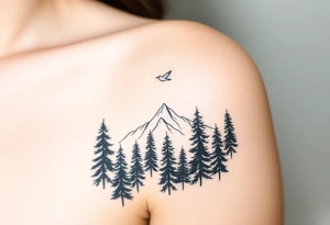 Tall pine trees thinning out, revealing a mountain horizon. Small bird flying above. Forest to clarity transition tattoo idea