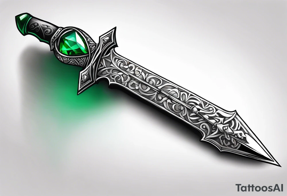 An athame dagger with the hilt turned upward and an emerald gemstone on the hilt not on the blade tattoo idea