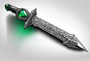 An athame dagger with the hilt turned upward and an emerald gemstone on the hilt not on the blade tattoo idea