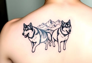 Sled dogs with northern lights and mountains tattoo idea
