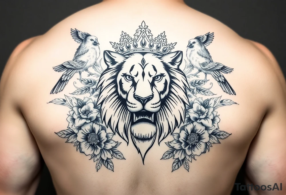 powerful majestic lion with a crown, surrounded by floral ornaments and birds tattoo idea