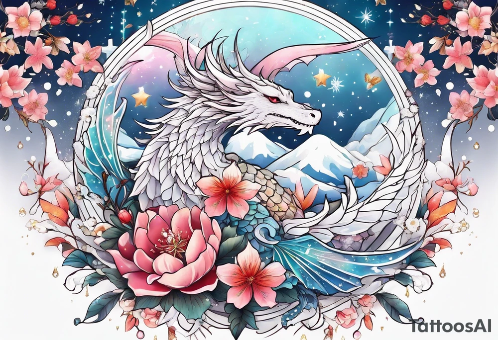 Constellation, wing , snow , cross , dragon female japan kawaii , flower tattoo idea