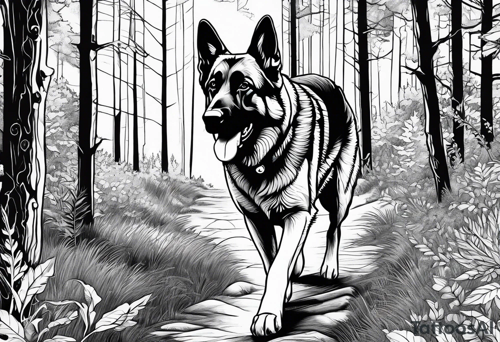 German shepherd dog walking in a forest tattoo idea