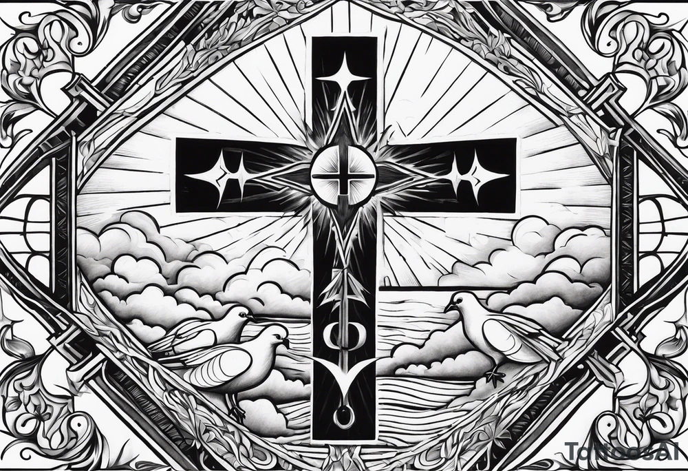 Cross with doves and rays of a sun with the date 08/21/2024 tattoo idea