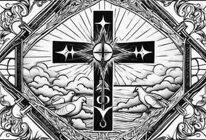 Cross with doves and rays of a sun with the date 08/21/2024 tattoo idea