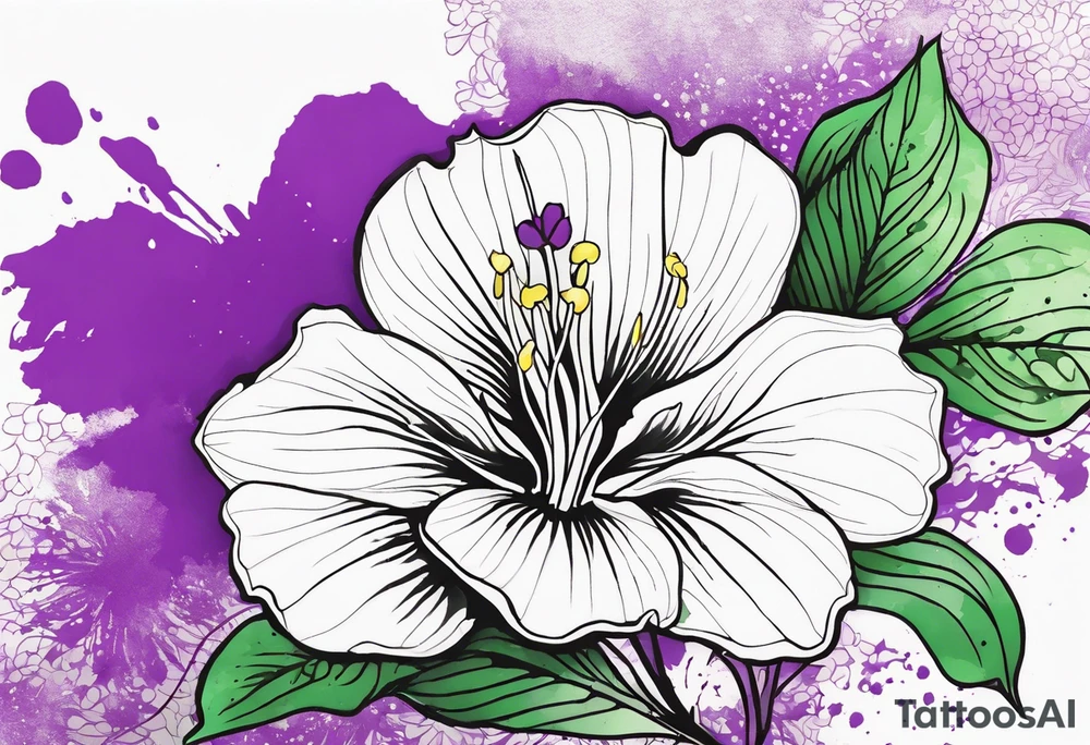 An outline of a rio dipladenia flower with a green and purple watercolor blotch splatter in the background tattoo idea