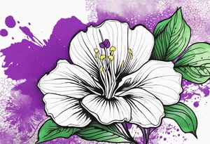An outline of a rio dipladenia flower with a green and purple watercolor blotch splatter in the background tattoo idea