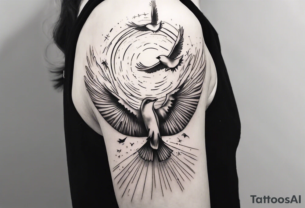 a shoulder tattoo with rays of light, clouds and birds flying free tattoo idea