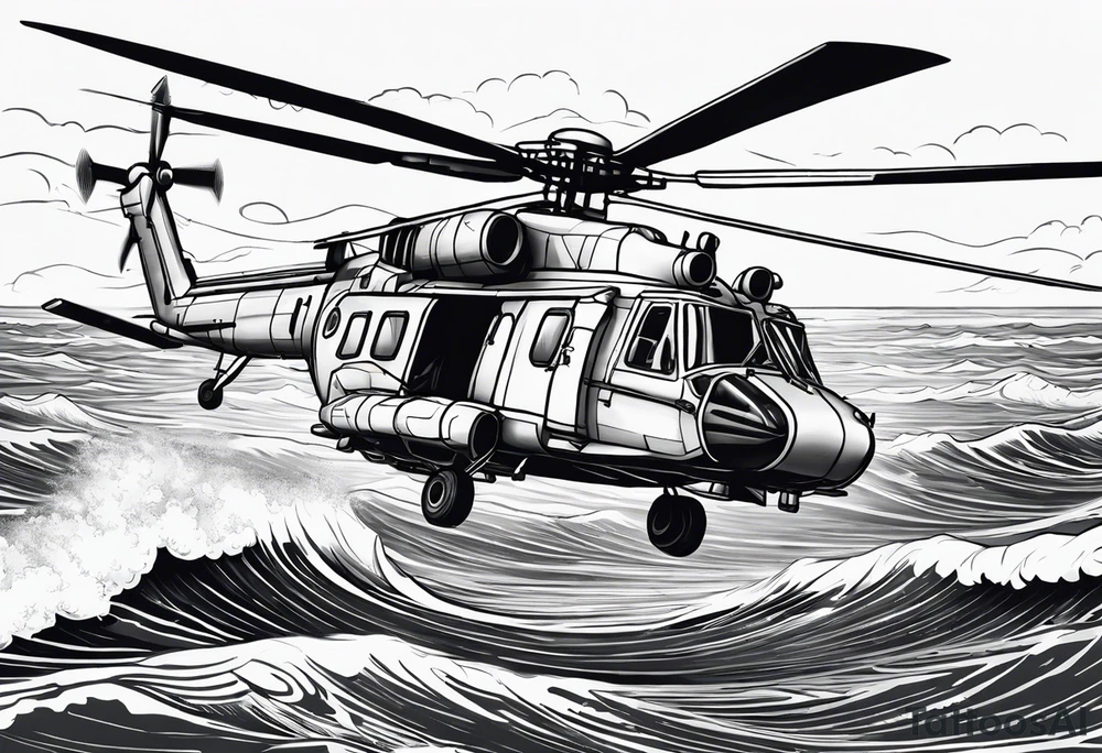 A detailed 4K drawing of a Canadian military grey CH-148 Cyclone helicopter soaring low over rough, ocean waves. T tattoo idea