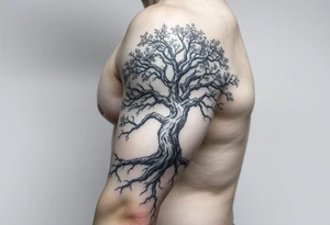 Arm sleeve, tree with limbs wrapping around, negative space tattoo idea