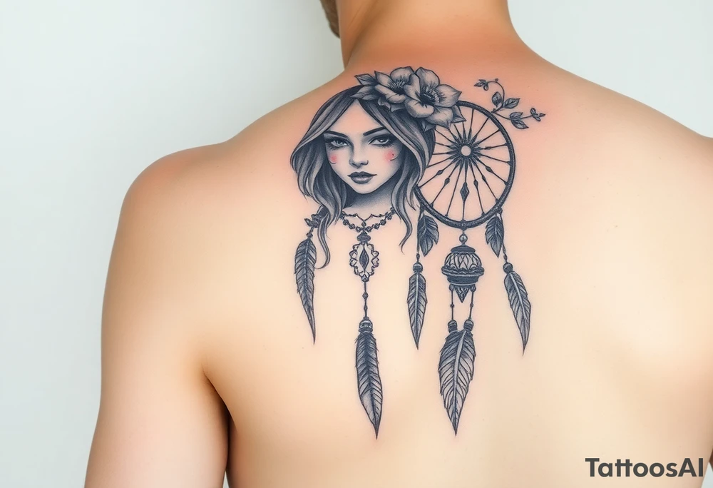 Half sleeve on arm. I already have a girl with flower crown in my shoulder and upper outer arm. Add a dream catcher and Catrina face. Use black and red ink. tattoo idea