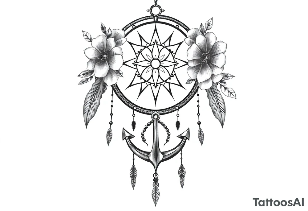 Boho dream catcher with compass and anchor Beautiful flowers and an ornamental chandelier like look tattoo idea
