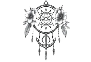 Boho dream catcher with compass and anchor Beautiful flowers and an ornamental chandelier like look tattoo idea