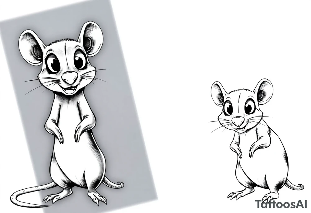 Original tattoo-style illustration:

A rat standing upright

Very large, bulging eyes popping out

A cheeky / mischievous smile

Cartoon style, not baby-like

One black-and-white version + one color version

4 images in total (so you can choose the best one) 
 + this link tattoo idea