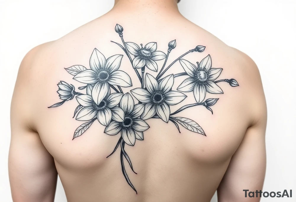 realistic daisies, daffodils, lily of the valley covering upper arm for woman tattoo idea