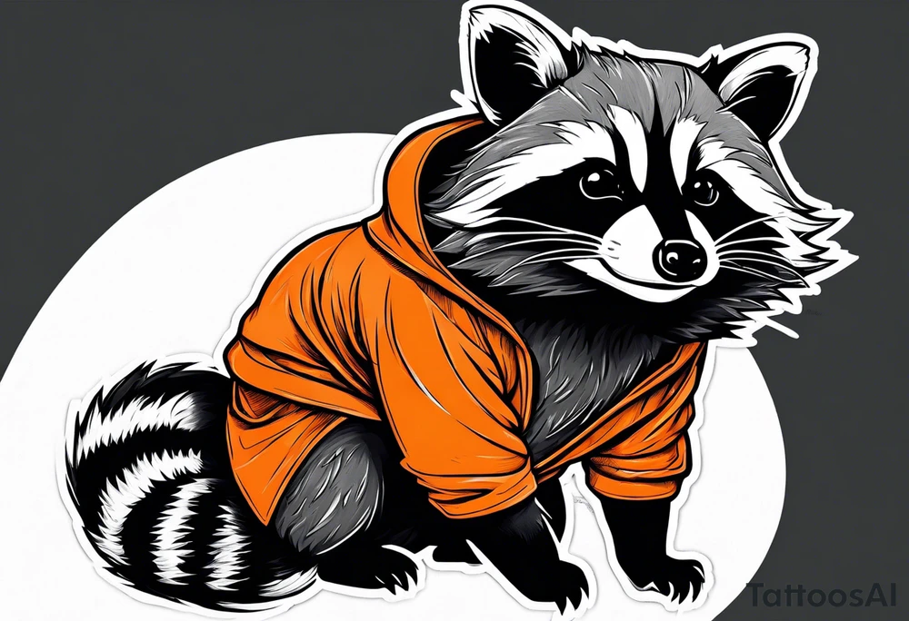 Raccoon wearing an orange Superman hoodie tattoo idea