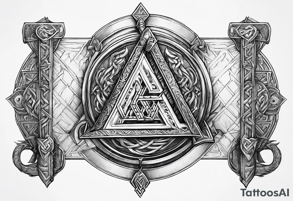 Valhalla sword round shield axe Valknut steps fire chains tattoo idea
