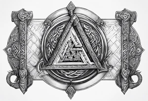 Valhalla sword round shield axe Valknut steps fire chains tattoo idea