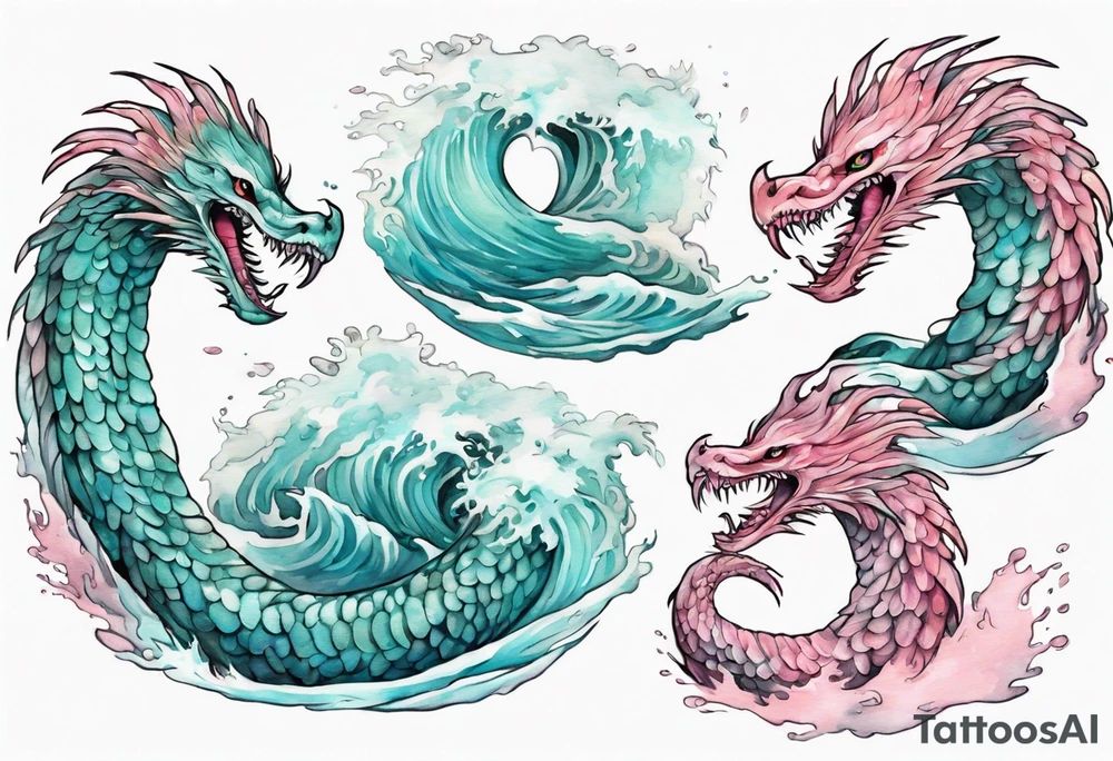 a gentle turquoise and pink feathered sea serpent emerging from the stormy sea tattoo idea