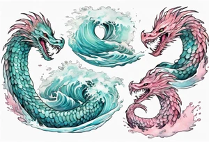 a gentle turquoise and pink feathered sea serpent emerging from the stormy sea tattoo idea