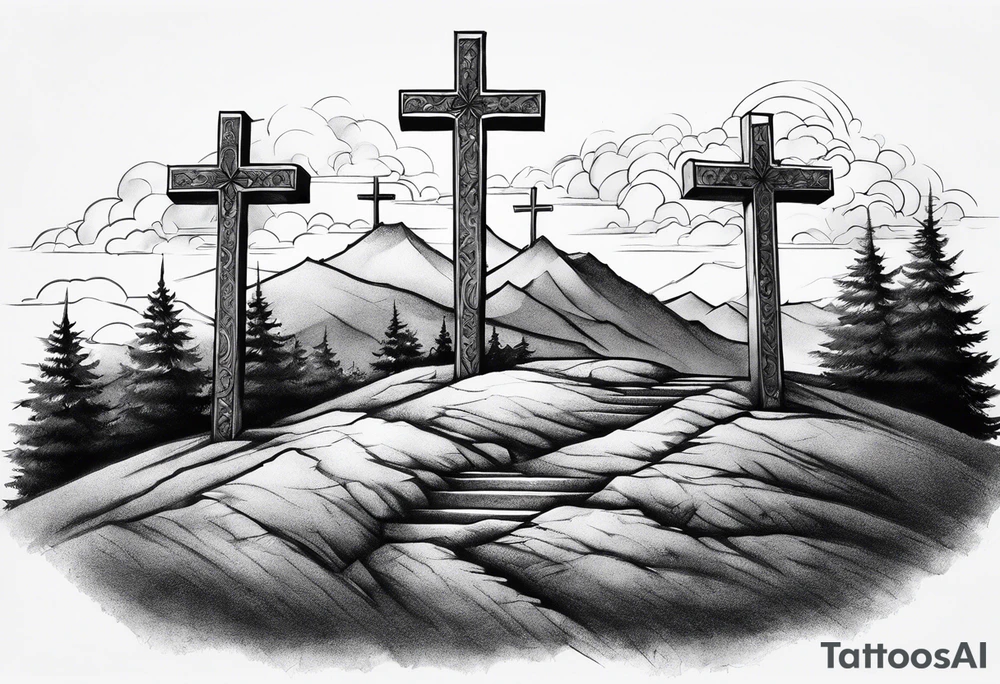 3 crosses on a hill facing east tattoo idea