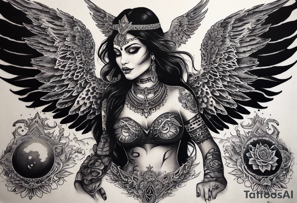 black kali, goddess pirate, alien, angel, pachamama, valkrye, warrior, flying, skull, lotus azul, wing, eagle, zenza resonance, stars, 5D, anahata chakra, death, durga, riding on a tiger, flying lady, chest tatoo tattoo idea